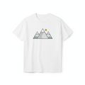 White graphic t-shirt with minimalist mountain landscape print