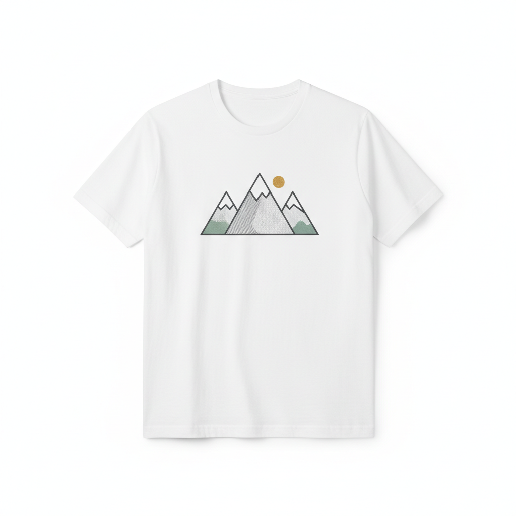White graphic t-shirt with minimalist mountain landscape print