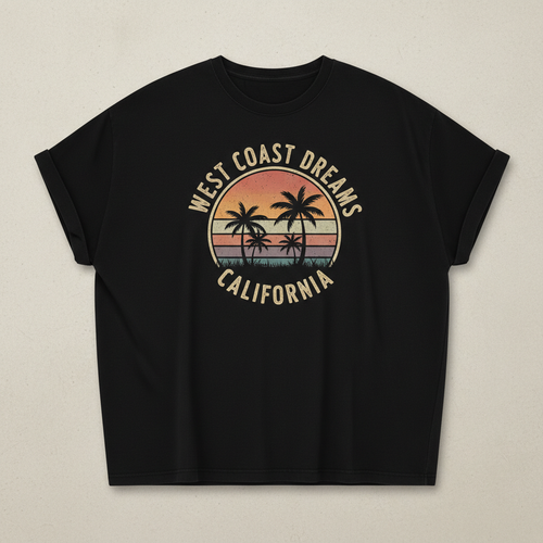 Black oversized t-shirt with vintage sunset and palm tree graphic