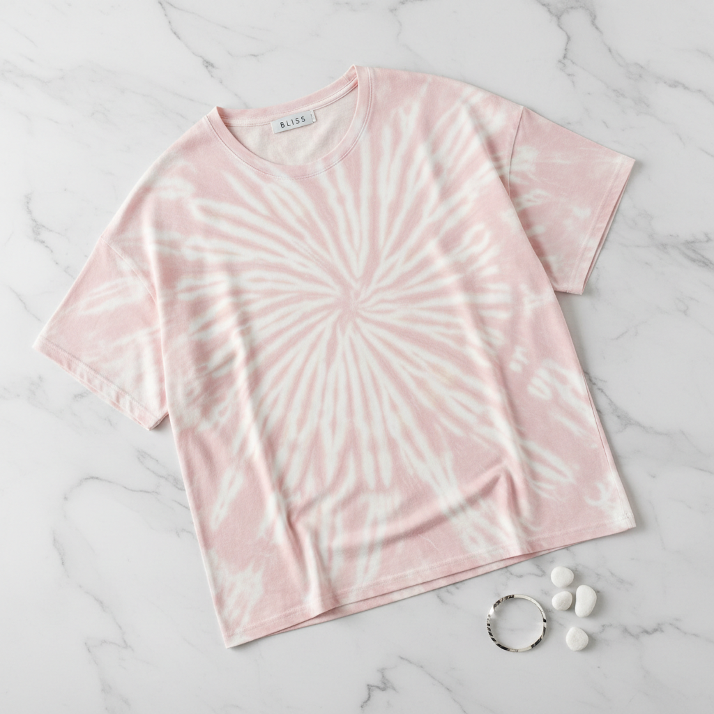 Pastel pink tie-dye t-shirt laid flat on marble surface