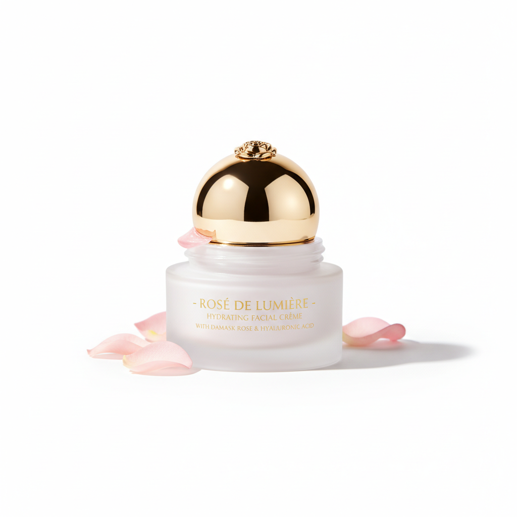 Rose hydrating moisturizer in white and gold glass jar