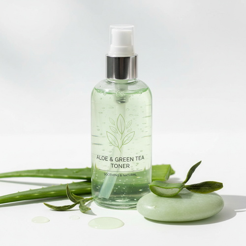 Aloe vera and green tea toner in clear glass pump bottle
