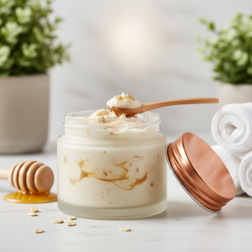 Oat and honey exfoliating face scrub in frosted glass jar on marble surface