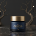 Retinol anti-aging night cream in dark navy blue glass jar with gold lid