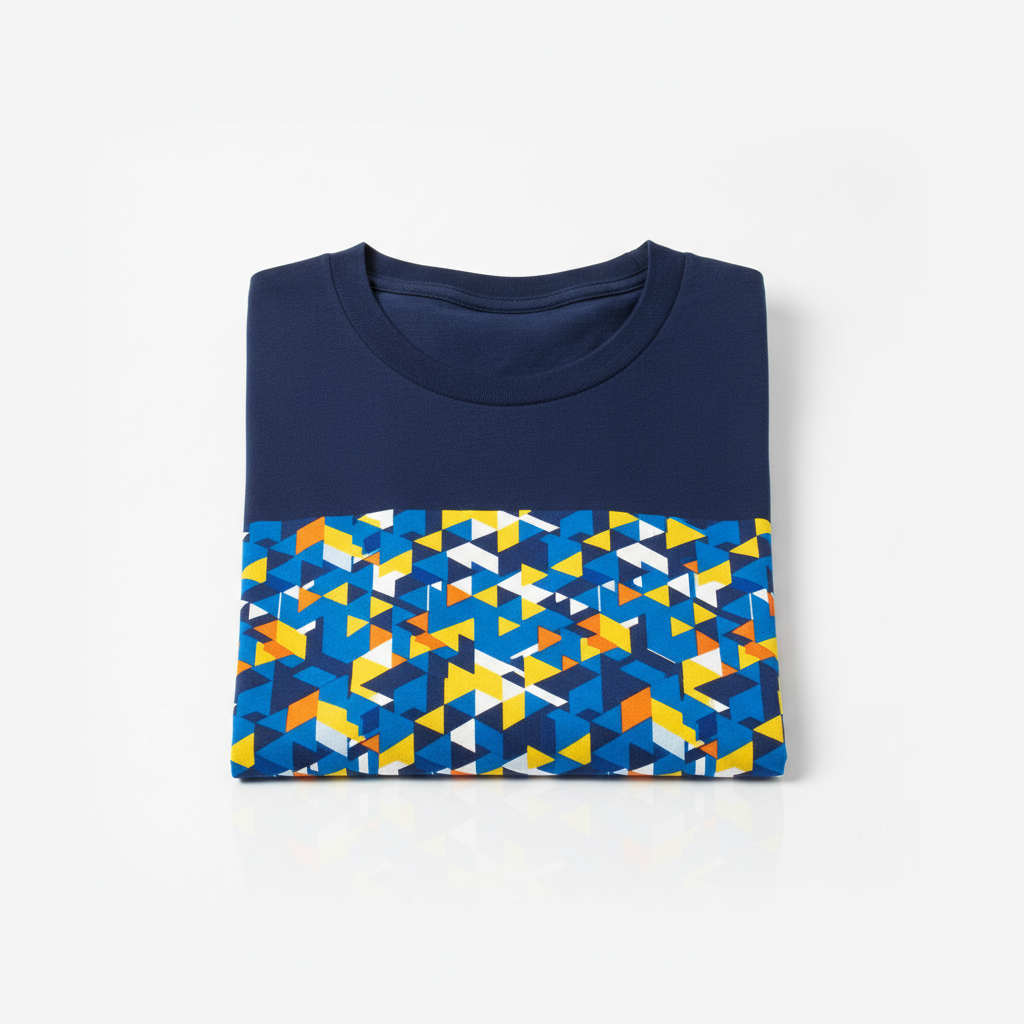 Navy blue t-shirt with bold geometric abstract print