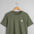 Olive green t-shirt with embroidered floral chest logo on wooden hanger