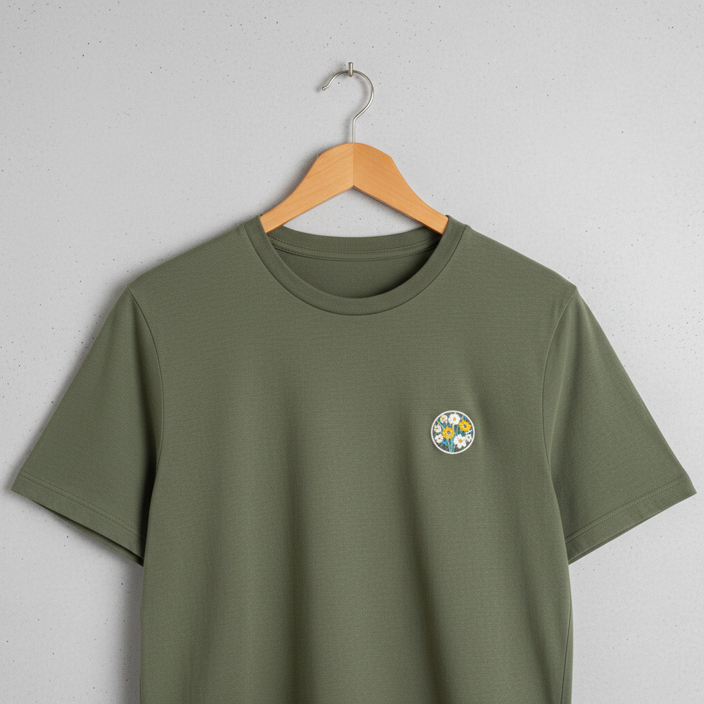 Olive green t-shirt with embroidered floral chest logo on wooden hanger