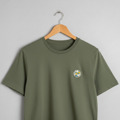 Olive green t-shirt with embroidered floral chest logo on wooden hanger